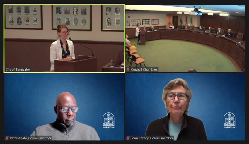 Alyssa Jones Wood (top left), the sustainability coordinator of Tumwater, briefs the Tumwater City Council on Tuesday, September 17, about a home electrification rebate program.