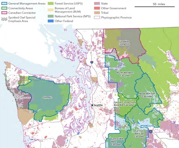 This map from the final EIS shows the areas (outlined in blue) where the project will be considered. The permit allows for barred owl removal in up to 50% of each blue polygon. In reality, there are not spotted owls left in 50% of most of these polygons.