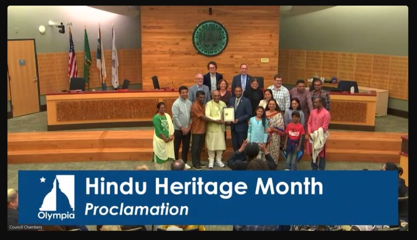 Sangh Jugal Thakor of Hindu Swayamsavak and other Hindi people at the proclamation of Hindu Heritage Month at its Tuesday meeting on Oct. 8, 2024. 