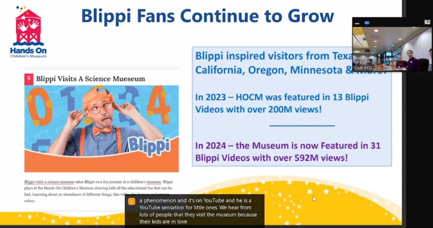 More than 592 million views of Blippi’s videos are driving new visitors to the Hands-On Children's Museum in Olympia, as revealed during the museum's annual update on Nov. 14, 2024, at the Lacey CAR-PFD meeting.