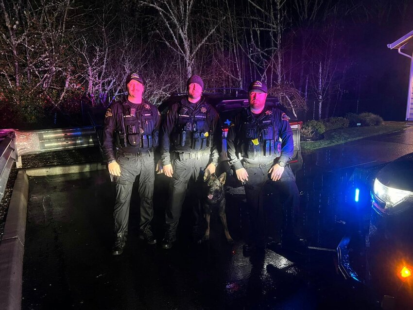 Thurston County Sheriff’s Office personnel, including K-9 Mac, celebrated a coordinated multi-agency effort that ended in the capture of an auto theft.