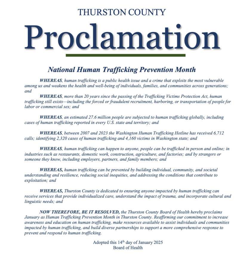 Thurston County officials adopted a proclamation on Tuesday, Jan. 14, 2025, recognizing January as Human Trafficking Prevention Month.