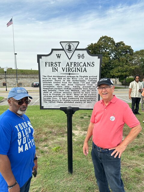 Jarvis and Joe, l-r, standing at Fort Monroe, in Hampton, Va., where the first enslaved Africans landed in 1619, in what later become the United States.