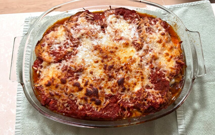 This is what the finished dish of Eggplant Parmesan should look like.