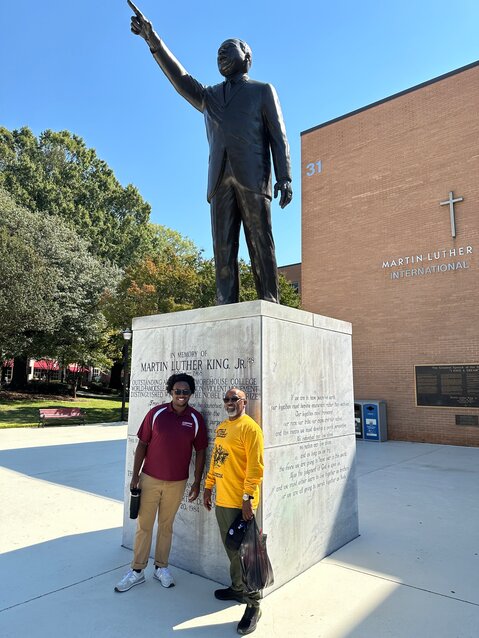 At Morehouse College, this student tour guide entertained Jarvis (right) and Joe.