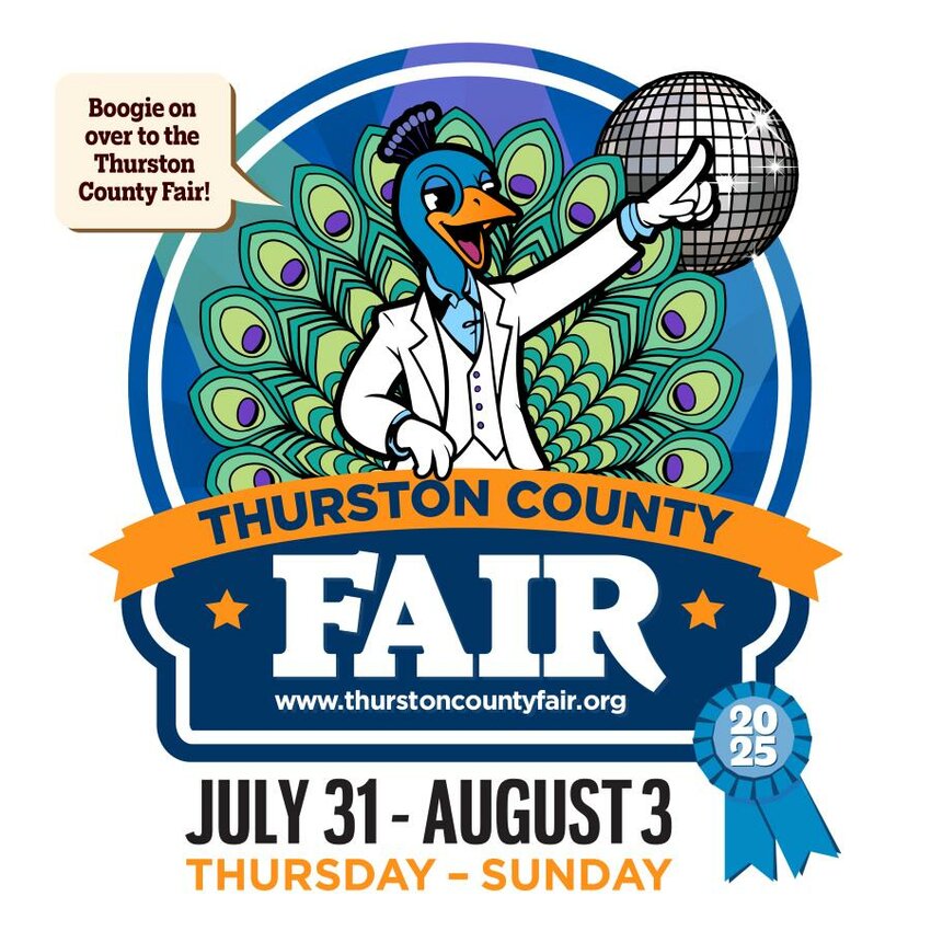 The Thurston County Fair’s 2025 mascot, Disco Dave the Peacock, is featured in promotional material for the event, scheduled to run from July 31 to August 3, 2025, in Lacey, WA.