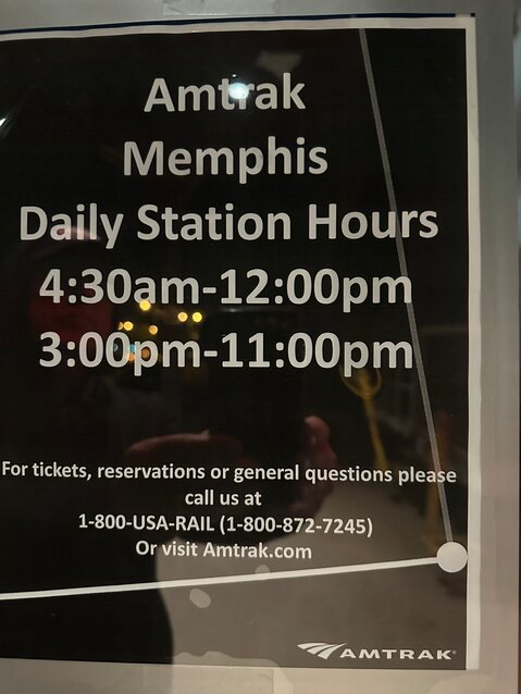 This sign shows the inconvenient hours of the Amtrak Memphis terminal. At least we weren’t turned away for our color; they were just closed for business. Train schedules and stations in America are not what they used to be.