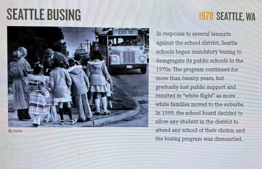 This panel about the "white flight" in 1970s-era Seattle was displayed on a screen at the National Civil Rights Museum in Memphis.