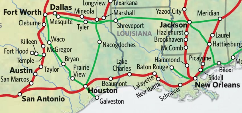 The westbound train from New Orleans to San Antonio runs about 15 hours.