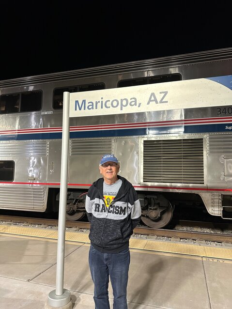 Joe Foss arrives at the Amtrak station in Maricopa, Ariz.