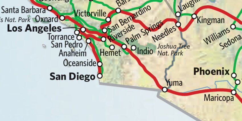 The Amrtrak route from Maricopa, Arizona, to Los Angeles.