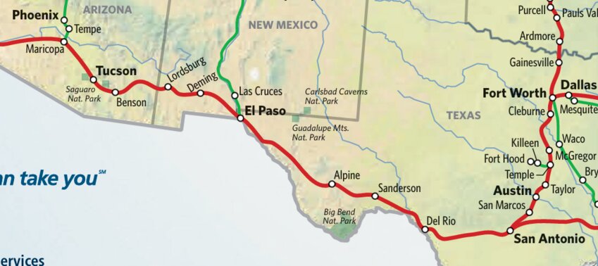 The train ride west from San Antonio to Maricopa, Arizona, takes about 20 hours.