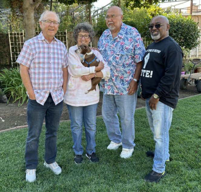 Joe, Julie, Conrado and Jarvis in Julie & Conrado's beautiful backyard in San Mateo .