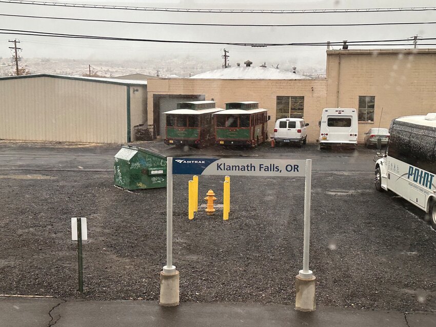 Passing through Klamath Falls, Ore., this shot from our train window showed snow on Halloween.