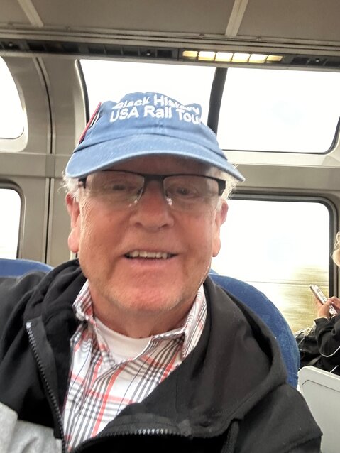 Joe wore his "Black History USA Rail Tour" hat in the observation car somewhere in Oregon.