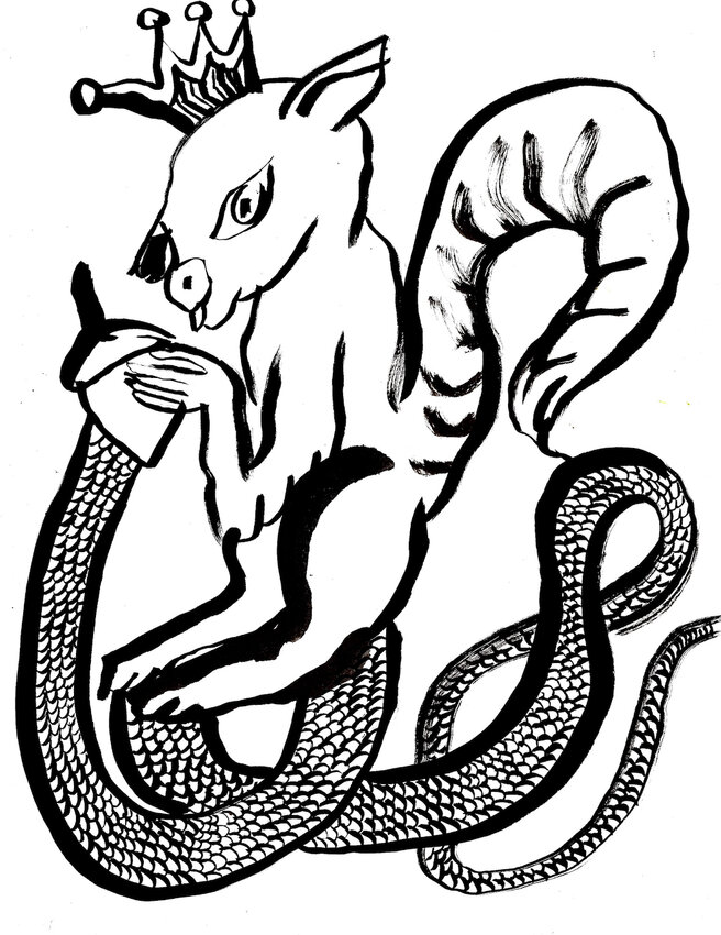 An ink drawing representing The Co-Op by Arrington de Dionyso.