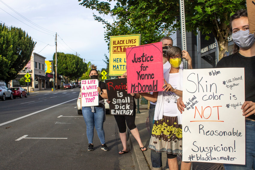 A large crowd gathered outside Olympia City Hall in June in celebration of the life of Yvonne McDonald, a Black woman who died two years ago under mysterious circumstances.