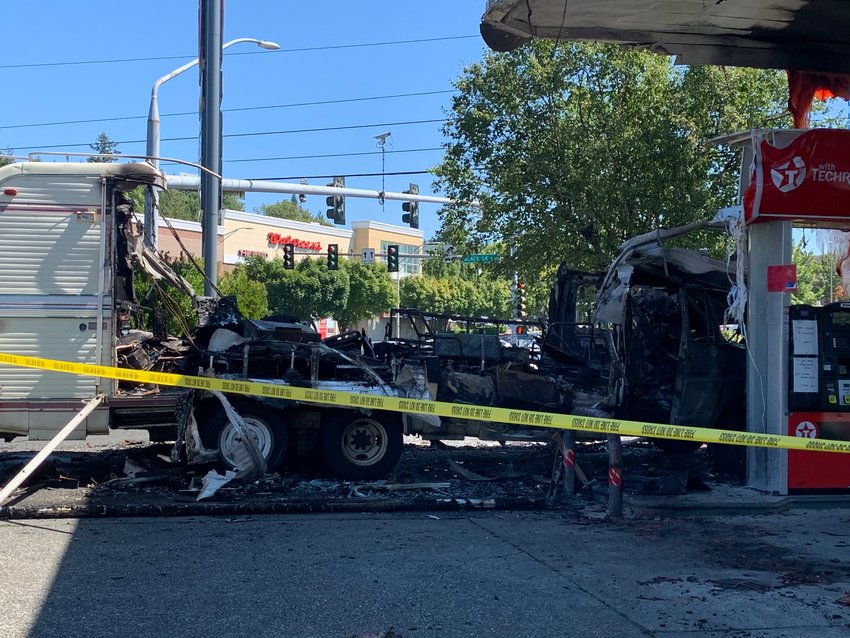 A mobile home caught fire at a Texaco gas station in Olympia Friday morning. The fire, while it damaged the gas pump the mobile home was parked next to, didn't damage the fuel system at the gas station.
