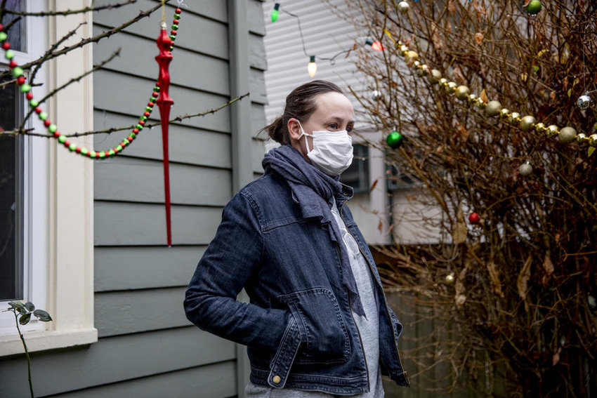 Heather Frey outside of her Seattle home on Dec. 15, 2020. Frey has been filing for pandemic unemployment assistance since March and, as of earlier this week, hadn&rsquo;t received a single payment yet.