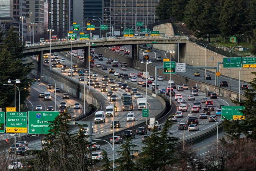 I-5 traffic snakes through downtown Seattle during the evening rush hour, Dec. 17, 2020.