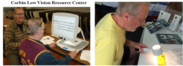 Olympia Host Lions Club Volunteers demonstrate a sampling of the low-vision equipment available to be loaned out to the public from their Corbin Low Vision Resource Center.