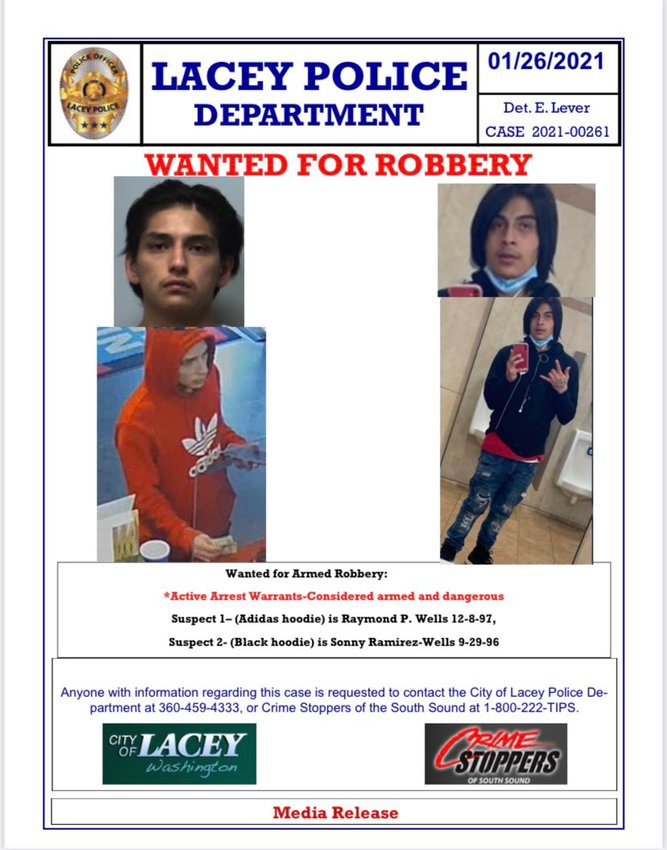 The wanted poster distributed by the Lacey Police Department depicting the suspects of an armed robbery at a Lacey coffee stand in January 2020.