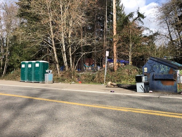 The City of Olympia already provides some sanitation services to the people who are camping along Wheeler Ave. SE in Olympia. This image, taken on March 9, 2021, shows portable toilets, a handwashing station and garbage dumpster. The land belongs to the State of Washington and is assigned to the Dept. of Transportation as it sits next to Interstate 5.