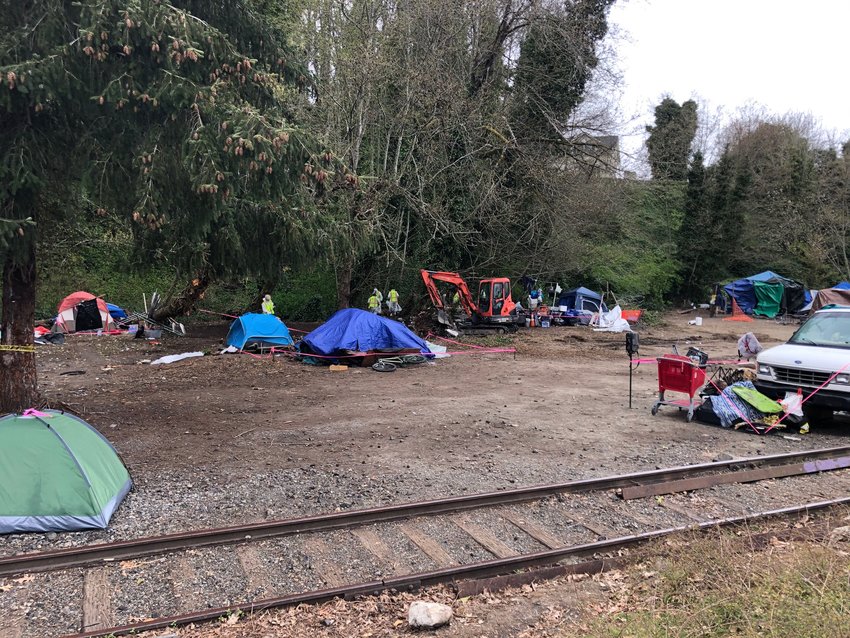 The north section of the homeless encampment on Deschutes Parkway was mostly cleared of debris by 11:00 am on the first day of the project, Wed., April 7, 2021.