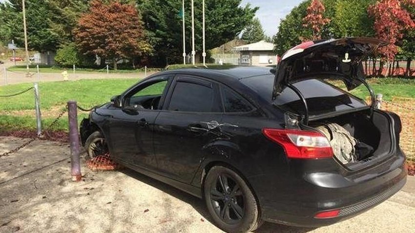 Lacey Police provided this image of the car they say Corylee Everett Bartlett crashed in at North Thurston High School in 2015.