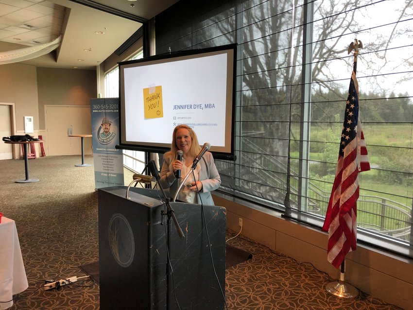 Jennifer Dye, director of the Small Business Development Center at South Puget Sound Community College, was the keynote speaker at the Lacey South Sound Chamber of Commerce's Forum on May 5, 2021, held at the Indian Summer Golf &amp; Country Club.