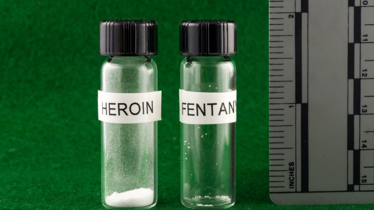 On the left, a lethal dose of heroin; on the right, a lethal dose of fentanyl.