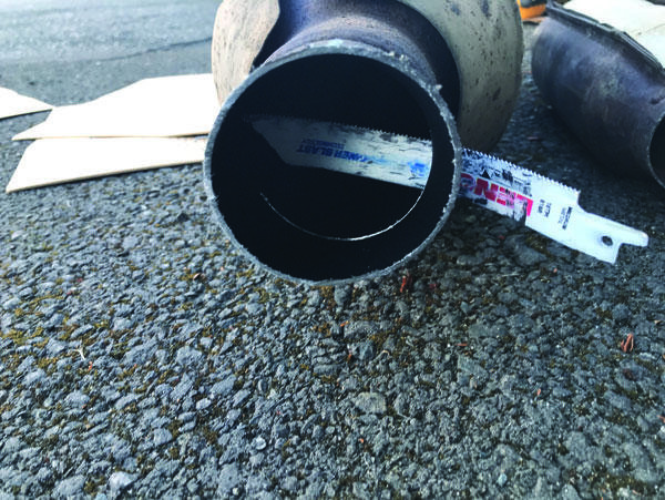 This catalytic converter was partially sawn off a U-Haul truck on April 26.