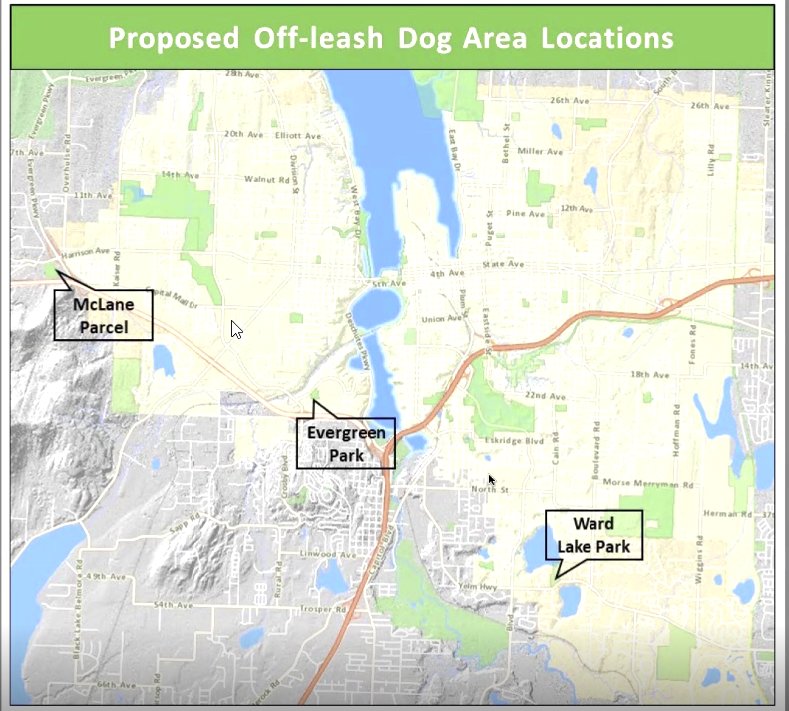 Olympia's off-leash dog parks are distributed across the city, as shown.