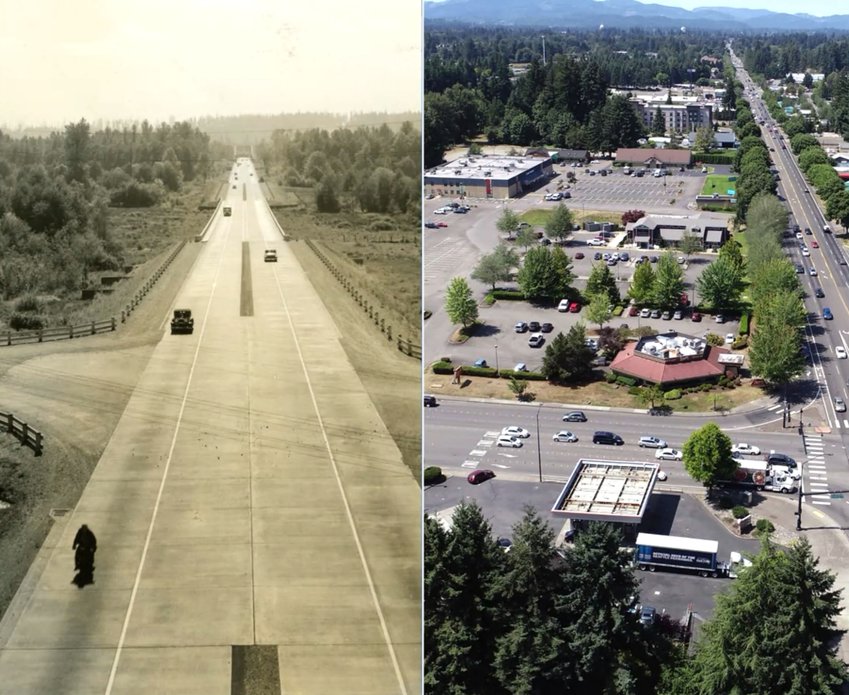 The left photo shows how the Martin Way Corridor looked when originally constructed in the early 1930&rsquo;s. The Corridor was a part of the original highway system. The right photo shows what Martin Way looks like now as the county plans to turn the area from an automobile-dominated roadway to a more pedestrian-friendly road.