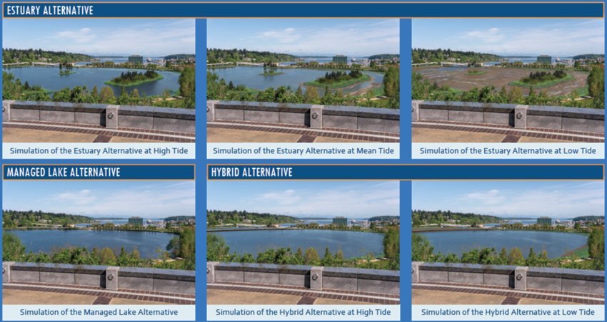 All three proposed alternatives for the future of Capitol Lake are shown above at various tide levels.