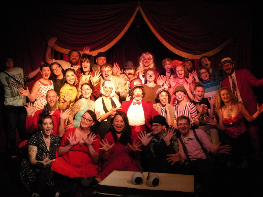 The Lord Franzannian Royal Olympian Spectacular Vaudeville Show cast and crew posed, in the Before Days.