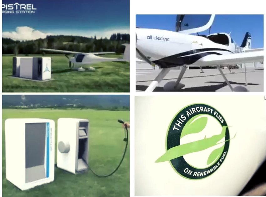 Electric airplanes (top right) are being considered the future of the aviation industry. Left upper and lower images show how electric airplanes will be charged on-site (top and bottom left). Aside from electric airplanes, experts are looking into the potential of the biofuel industry (bottom right) as a better alternative to jet fuel.