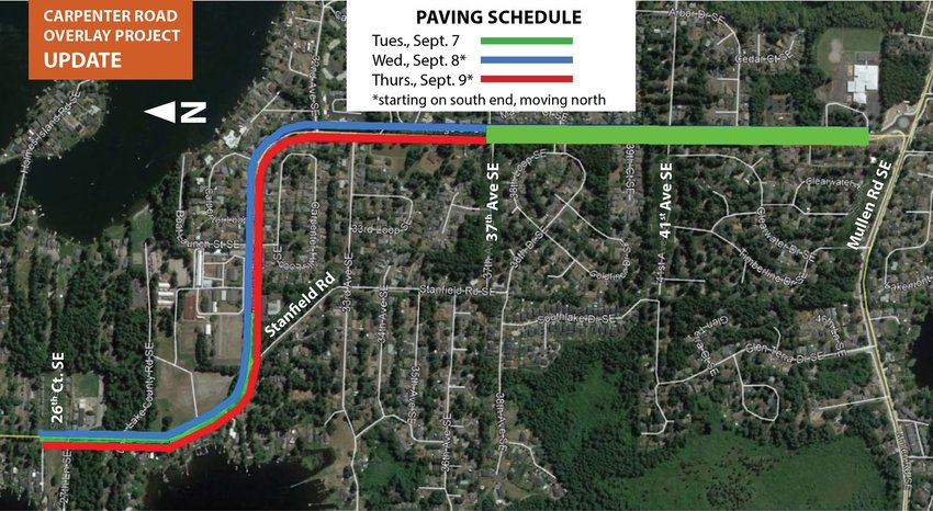 The lines indicate where the paving on Carpenter Road in Lacey will take place. The blue line indicates the area where the roadwork will begin on Wed., Sept. 8, while the red line indicates the area where the roadwork will begin on Thurs., Sept. 9.