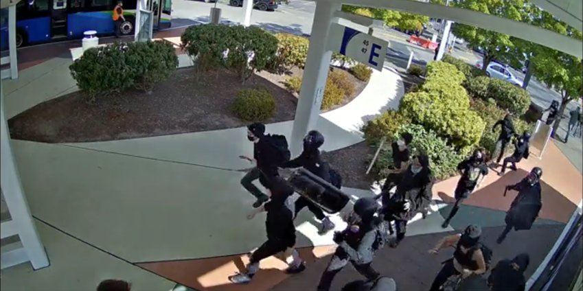 This photo shows a video clip of the violent encounter between Antifa and the Proud Boys at the downtown Intercity Transit station on Sat., Sept. 4, 2021.