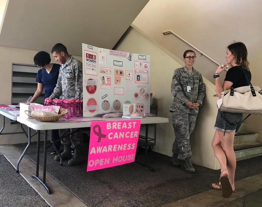 Members from the 15th Medical Group host an open house for Breast Cancer Awareness Month, at Joint Base Pearl Harbor-Hickam, Hawaii, Oct. 26, 2018.  The event reached out to members of the community to raise awareness of breast cancer and to teach people the importance of monthly self-checks.
