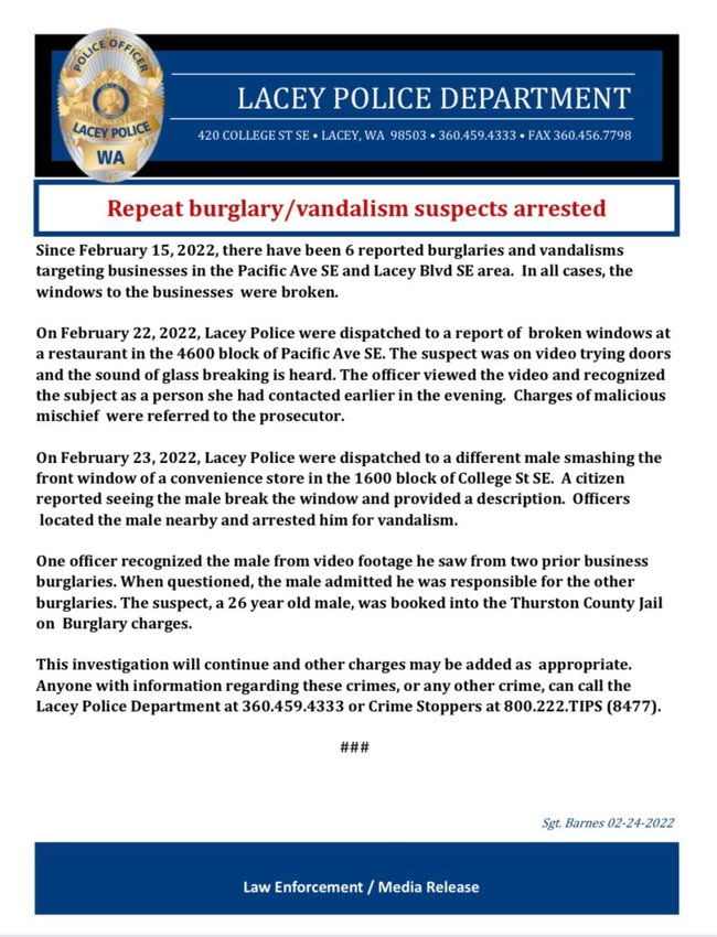 Lacey Police Department announced its arrest of two suspects linked to several crimes in the area.