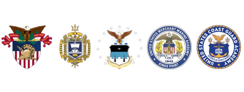 The seals of the five service academies are shown above. Left to right:  U.S Military Academy (Army, &quot;West Point&quot;), U.S. Naval Academy, U.S. Air Force Academy, U.S. Merchant Marine Academy and U.S. Coast Guard Academy.