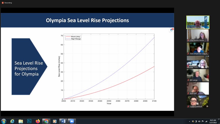 Sea Level Rise Plan predicts water elevation between 26 to 68 inches in Olympia by 2100, Olympia Water Resources director Eric Christensen told the Olympia Sea Level Rise Collaborative &nbsp;members during its meeting on May 26, 2022.