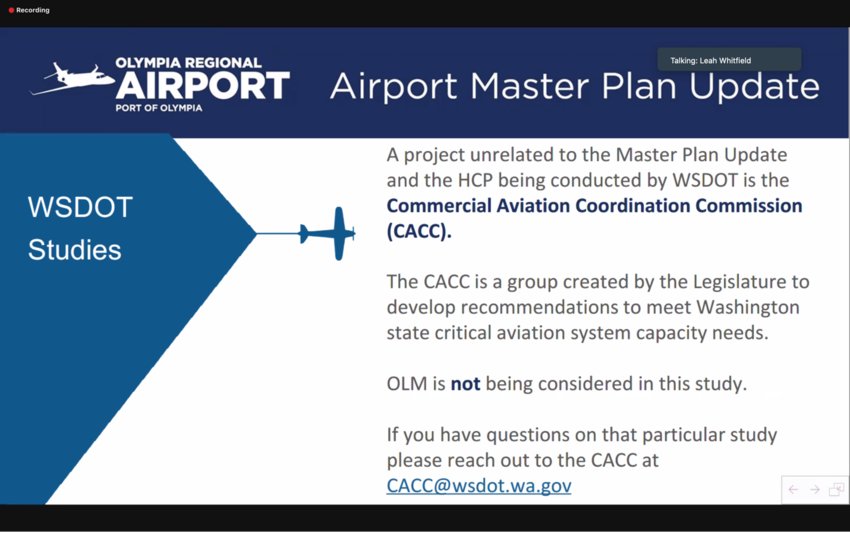 A slide from the May 27, 2022 Olympia Airport Master Plan Update states that the airport is not being considered for commercial use.