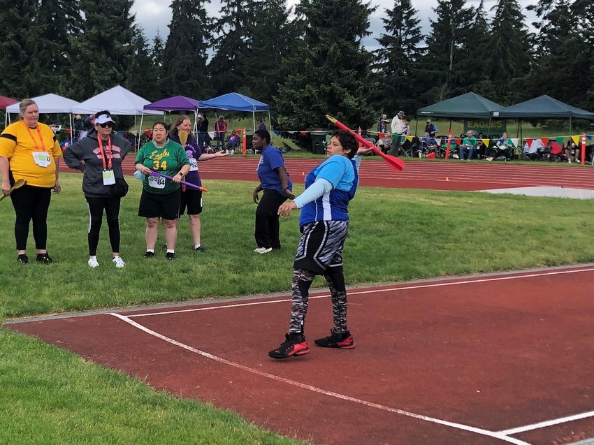 Thurston County's Charlene Dickey is shown just before throwing the mini-javelin 6 meters and 65 centimeters at the Washington State Special Olympics Track and Field Games on Sunday, June 19, 2022.