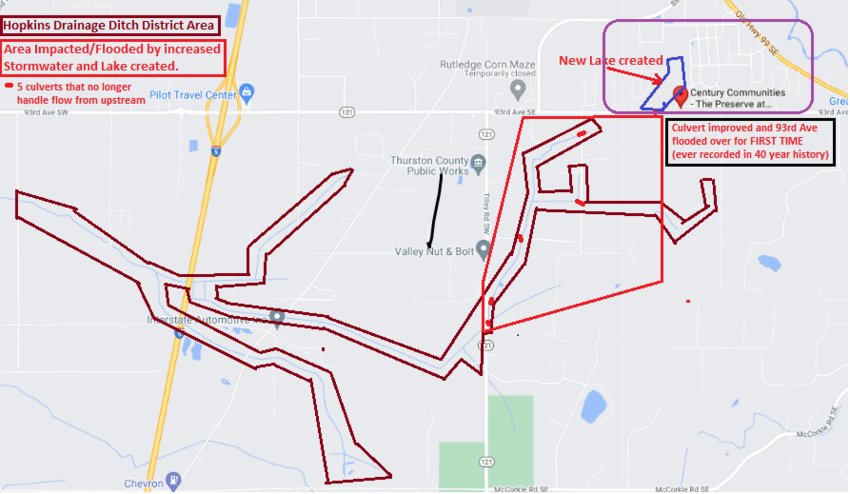 This map shows the coverage area of the Hopkins Drainage Ditch District #2 in Thurston County and the community of The Preserve at Tumwater Place.