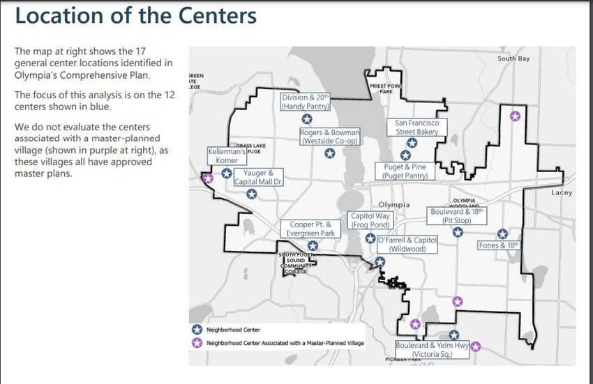 The map shows the locations of Olympia's proposed neighborhood centers.