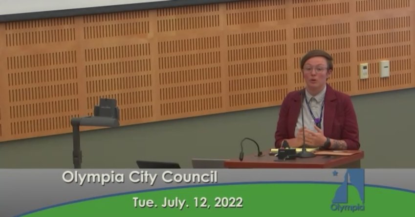 Housing Programs manager Darian Lightfoot briefed the Olympia council members on two resolutions that addressed encampments during the council meeting held July 12, 2022.