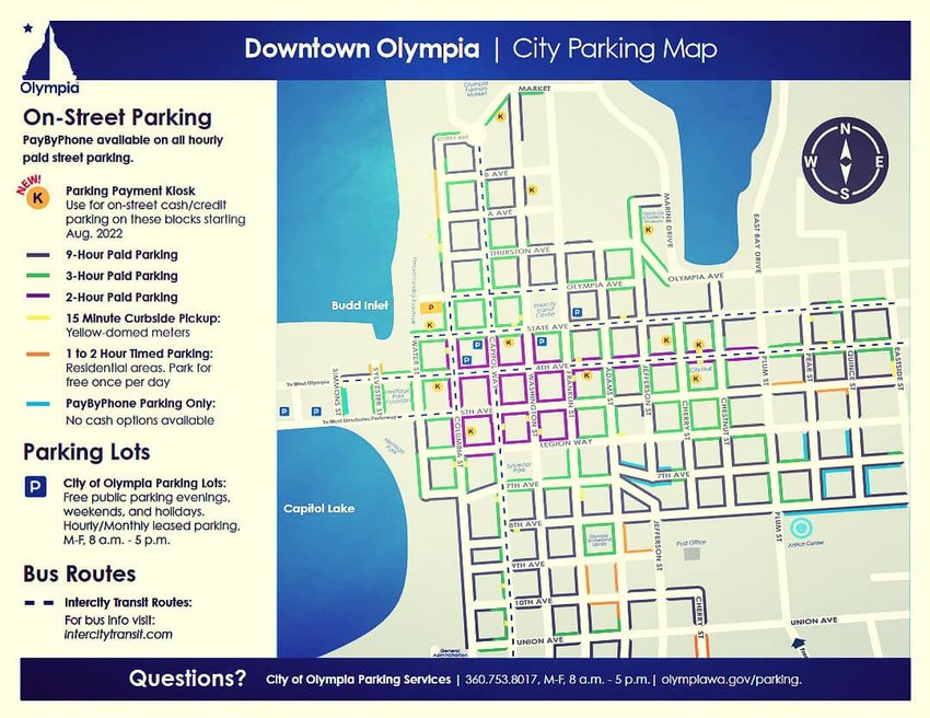 A map of downtown Olympia with the locations of the city's parking meters.