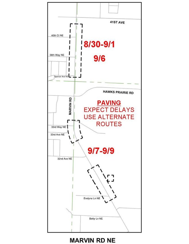 This map of Marvin Road shows the areas where construction is expected, along with the days they are scheduled.